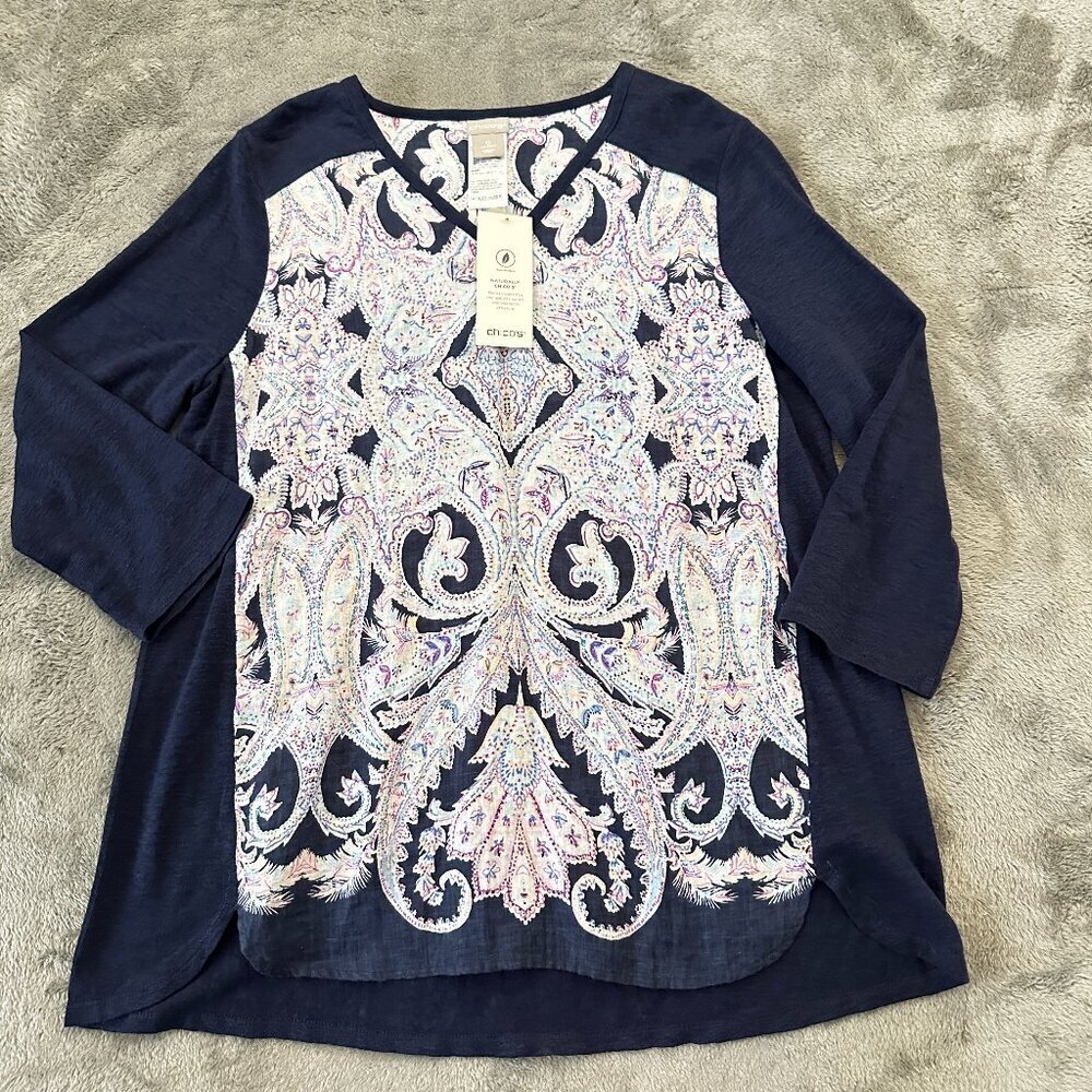 NWT Chico's 100% Linen Naturally Chico's Shirt Top Blouse Navy Blue SMALL 0